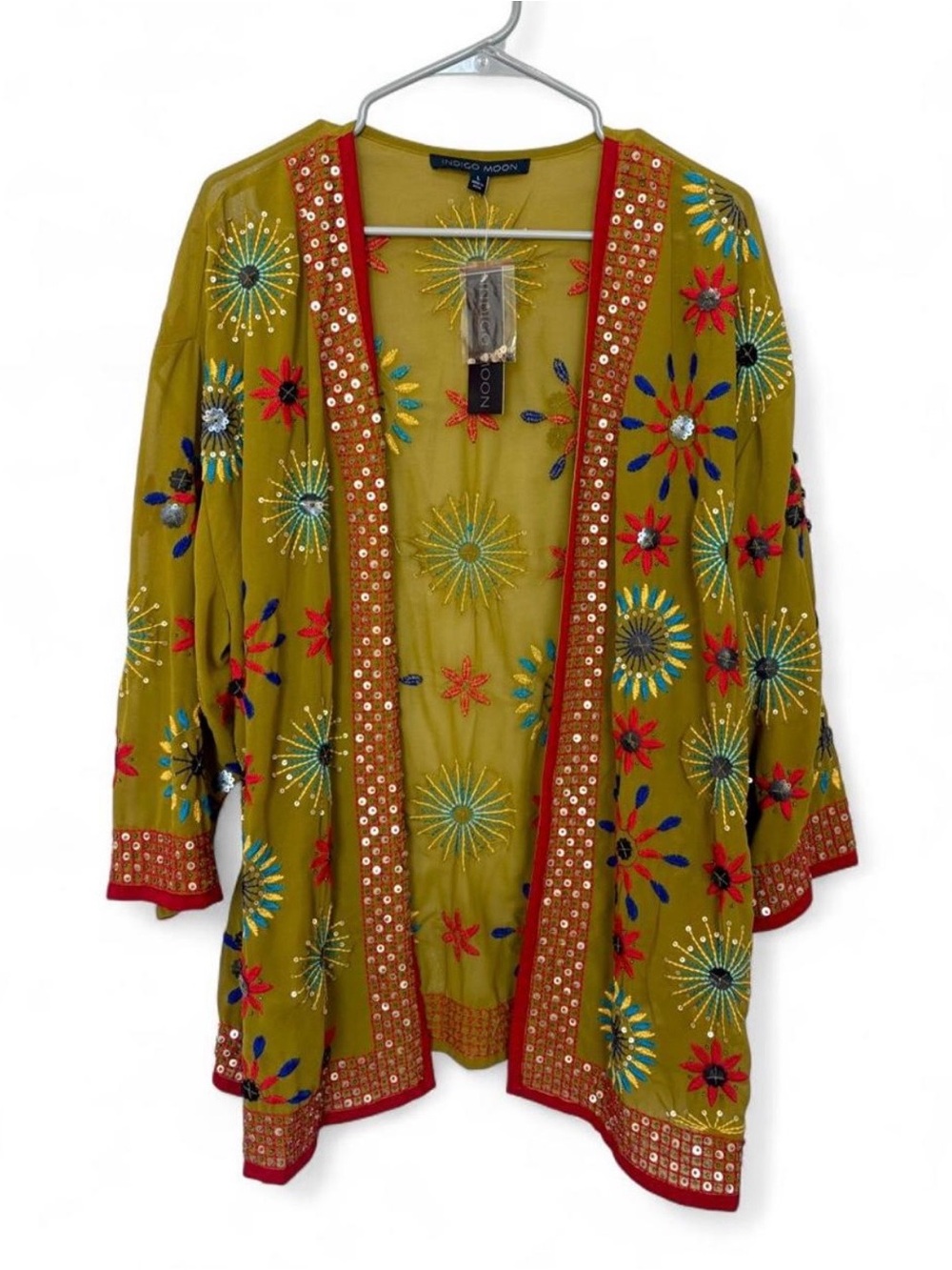 NWT Indigo Moon Embroidered Sequin Sheer Chiffon Open Cardigan Large Boho Kimono